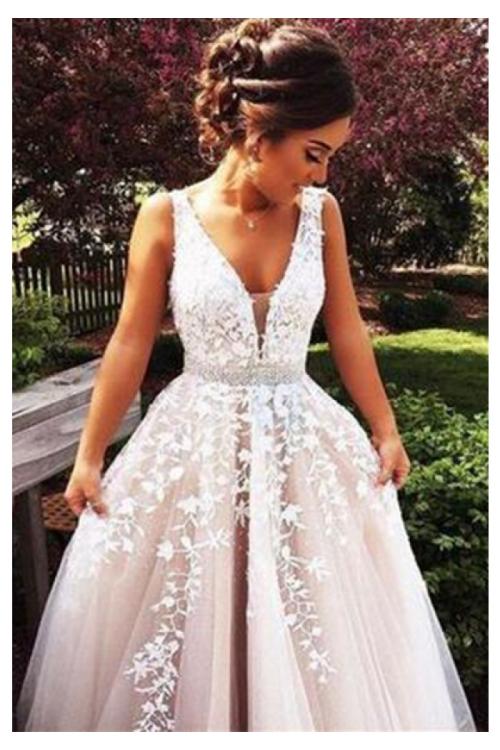 Vintage Long A-line Lace Appliques Tulle Prom Dress with Beading Belt 