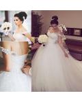 Off-the-shoulder Ball Gown Tulle Long Wedding Dress with Beading and Hand Made Flowers