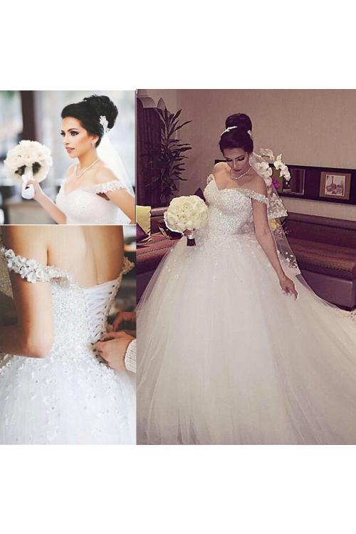 Off-the-shoulder Ball Gown Tulle Long Wedding Dress with Beading and Hand Made Flowers