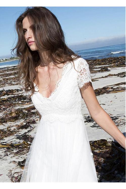 Boho V Neck Empire Lace Tulle Beach Wedding Dress 