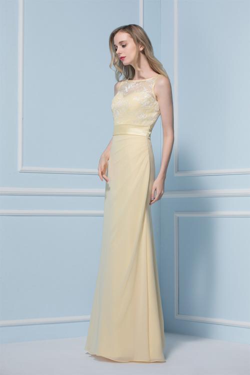 Sleeveless illusion Bateau Neck Lace Bodice Long Sheath Daffodil Chiffon Bridesmaid Dress 