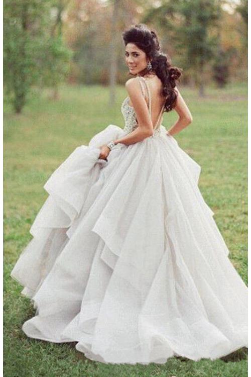 Ivory Lace Bodice Bateau Neck Ball Gown Cascaded Ruffled Organza Wedding Dress 