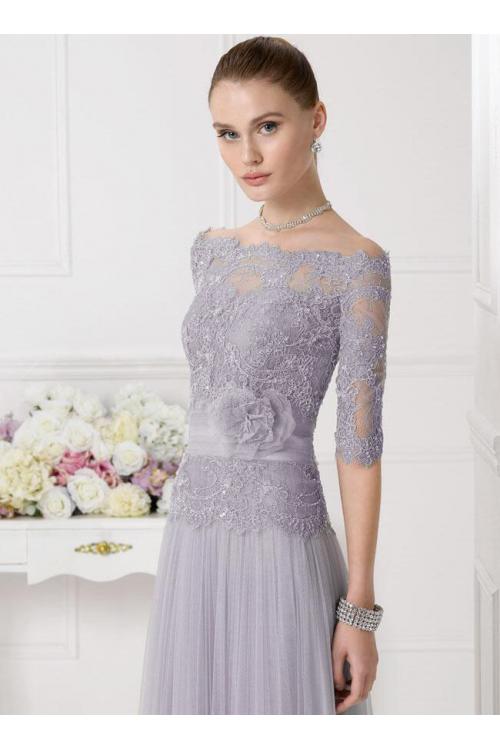 Silver Half Sleeved Lace Top A-line Tulle Bridesmaid Dress 