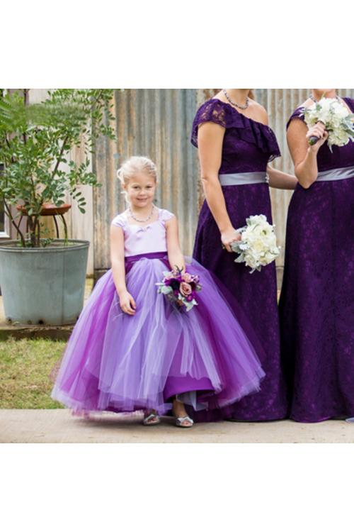 Ball Gown Two Tone Satin and Tulle Flower Girl Dress with Sash 