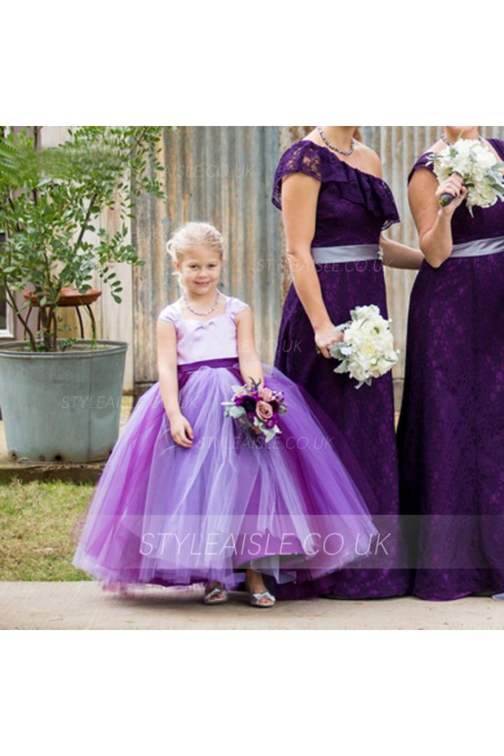 Ball Gown Two Tone Satin and Tulle Flower Girl Dress with Sash 