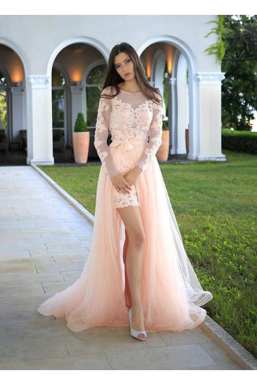  A-line Bateau Long Sleeve Appliques Lace Hand Made Flowers Floor-length Long Detachable Tulle Evening Dresses