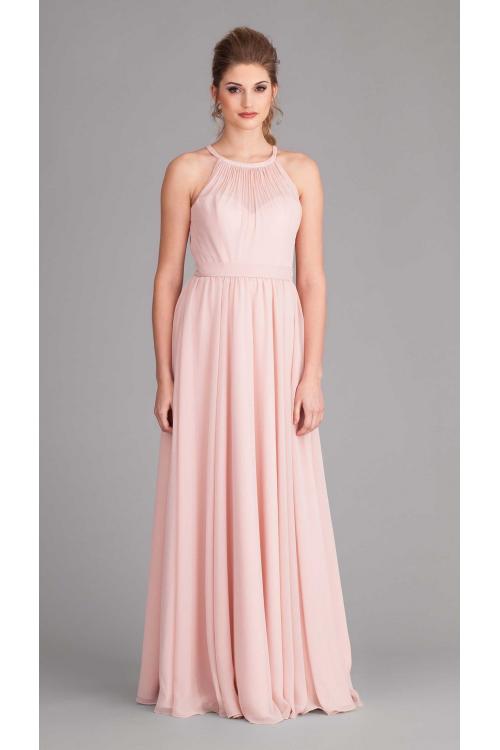 Chic Halter Neck Pleated Long Pearl Pink Chiffon Bridesmaid Dress with Sash 