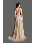  A-line V-neck Shoulder Appliques Split Sweep Train Long Chiffon Cocktail Dresses with Ruching Empire Waist