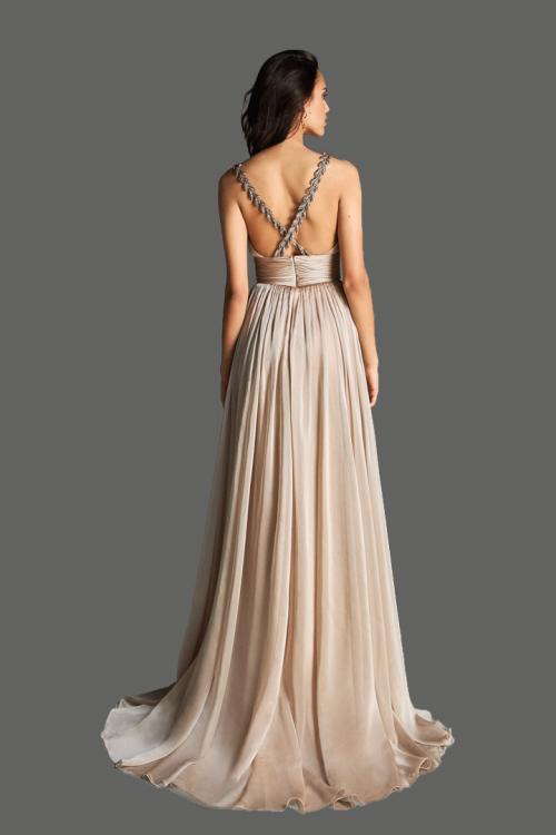  A-line V-neck Shoulder Appliques Split Sweep Train Long Chiffon Cocktail Dresses with Ruching Empire Waist