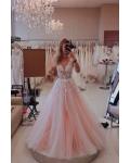  Charming A-line Deep V-neck Sleeveless Lace Appliques Floor length Long Tulle Prom Dress