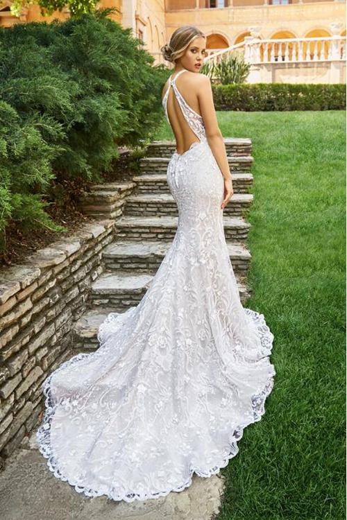 Sexy Backless V Neck Lace Patterns Long Fit Flared White Tulle Wedding Dress