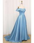  Ball Gown Off-the-shoulder Short Sleeve Ruching Court Train Long Satin Prom Dresses