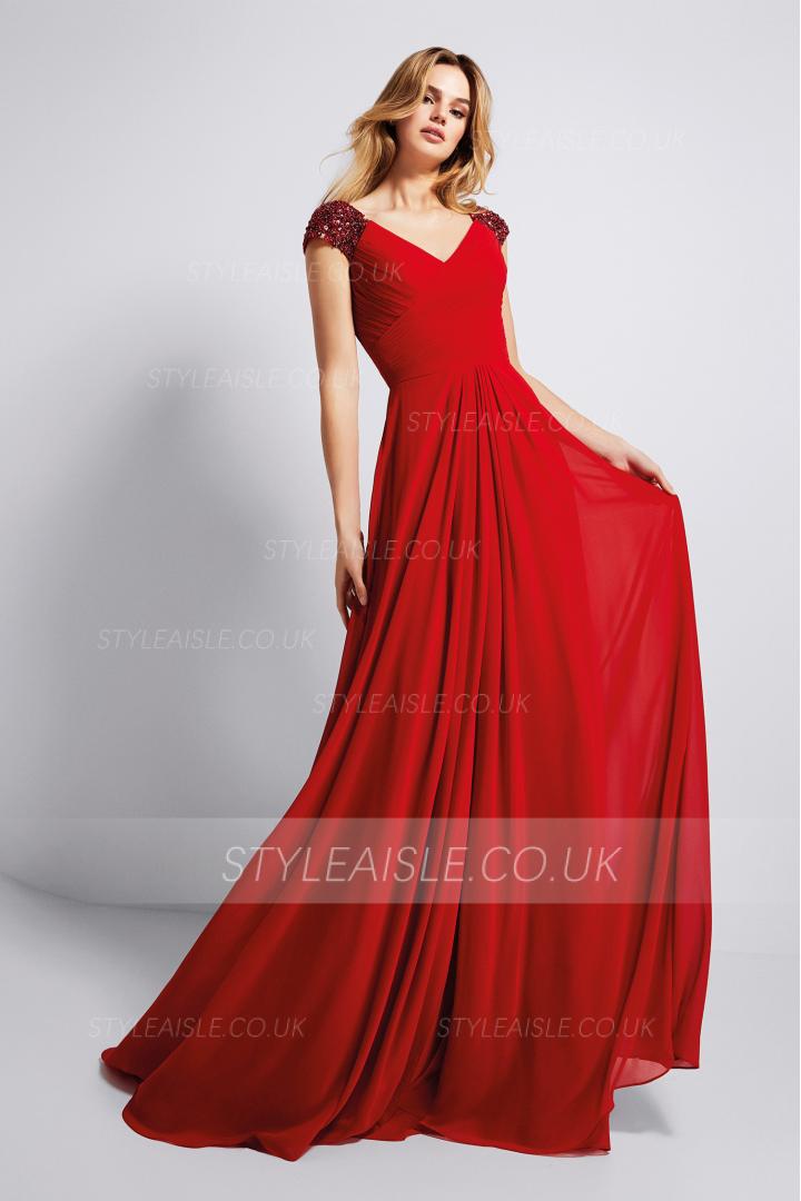 Sequins V Neck A-line Red Chiffon Prom Dress with Cap Sleeves