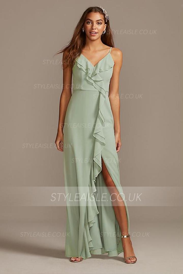  Sheath/Column Spaghetti Straps V-neck Sleeveless Ruffles Split Floor-length Long Chiffon Bridesmaid Dresses