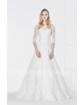 Vintage Sequins Inspired A-line Lace overlay Tulle Ivory Wedding Dress with 3/4 Long Sleeves