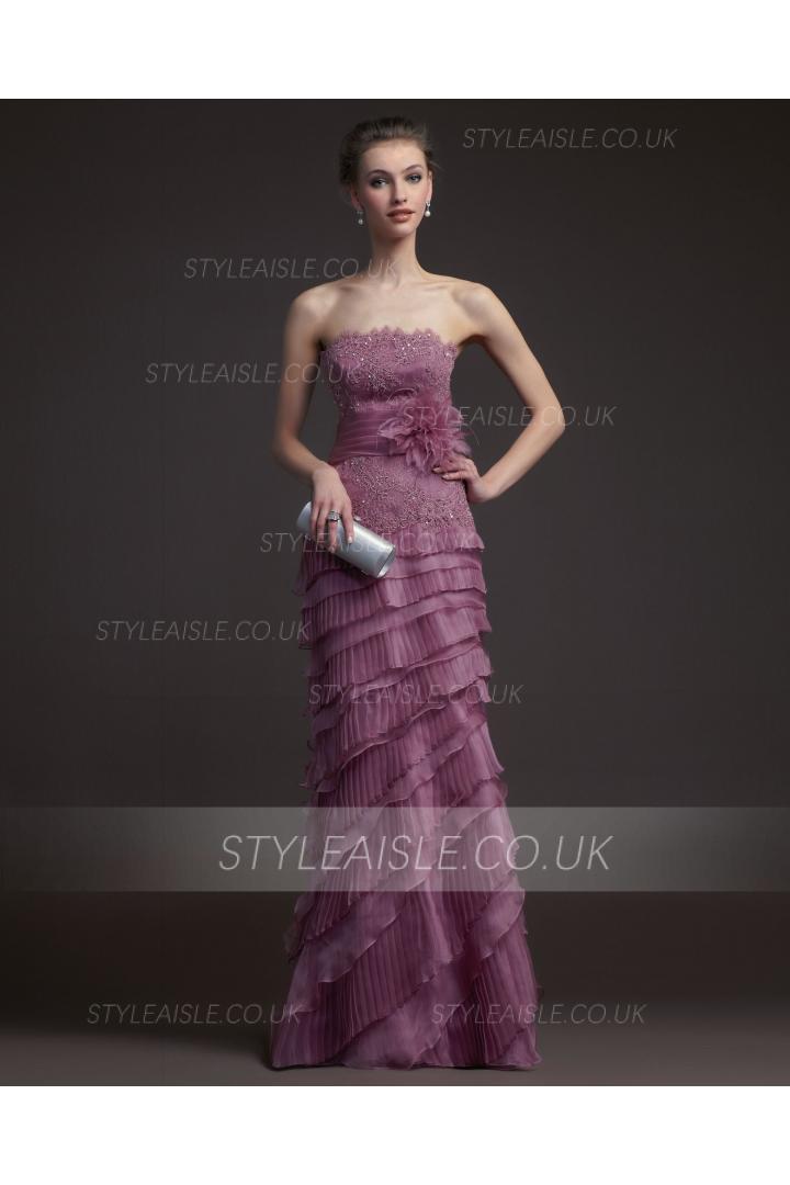Charming Sheath/Column Strapless Beading&Sequins Lace Cascading Ruffles Floor-length Organza Prom Dresses 