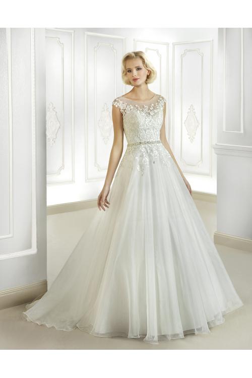 Simple A-line Illusion Bateau Neck Beading&Pearl Lace Sweep/Brush Train Organza Wedding Dresses 