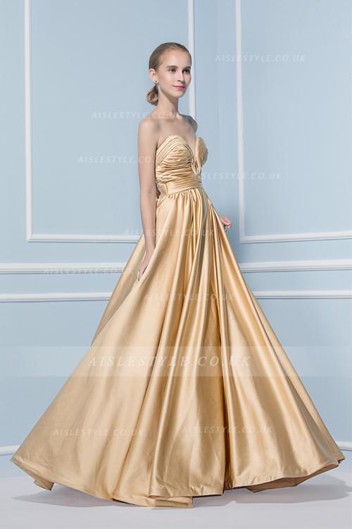 Ball Gown Strapless Ruching Long Puffy Satin Bridesmaid Dress