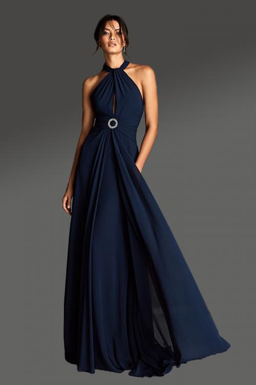  A-line Halter Neckline Sleeveless Ruching Empire Waist Sweep/Brush Train Long Chiffon Cocktail Dresses