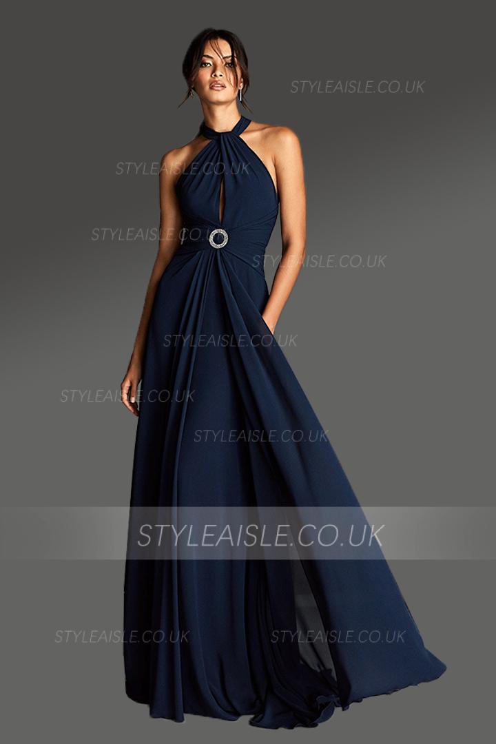  A-line Halter Neckline Sleeveless Ruching Empire Waist Sweep/Brush Train Long Chiffon Cocktail Dresses