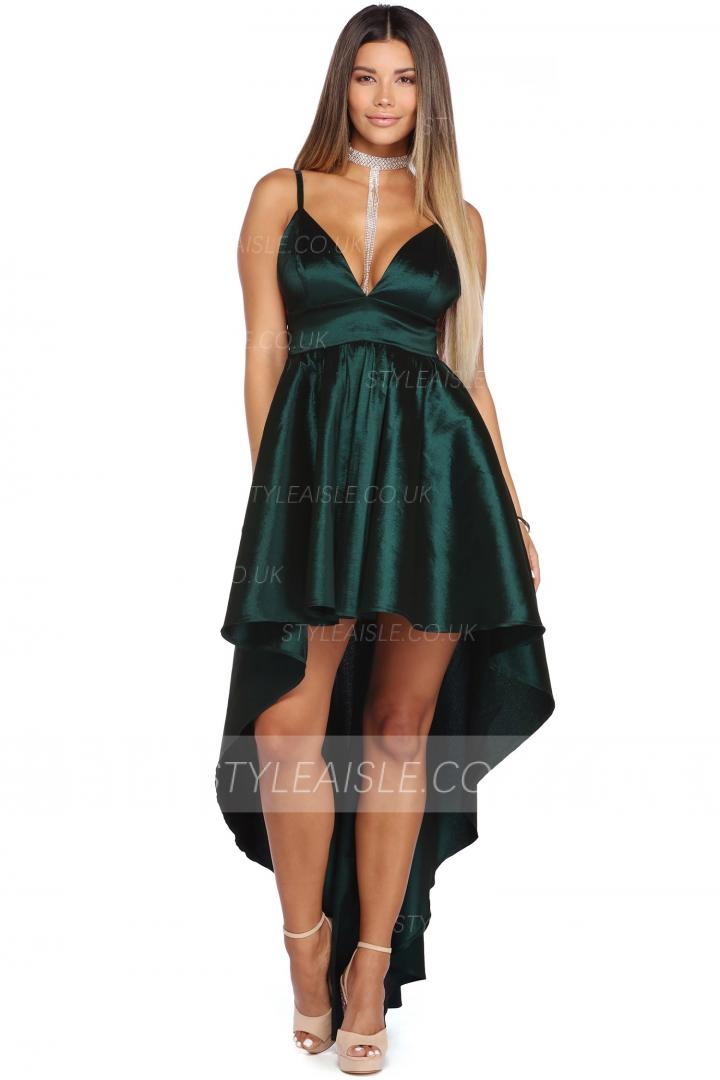 High Low Spaghetti Straps Long Satin Ball Gown Prom Dress