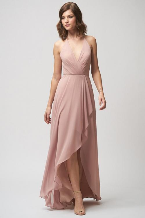 High Low Sleeveless V Neck A-line Dusty Bridesmaid Dress Beach Wedding