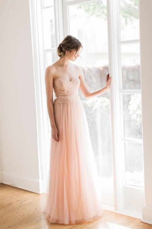 Strapless Sweetheart Pleated Lace Top Blush Tulle Bridesmaid Dress with Ribbon 