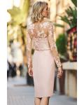  Sheath/Column V-neck Illusion Long Sleeves Lace Knee-length Short Satin Mother of the Bride Dresses with Buttons Back