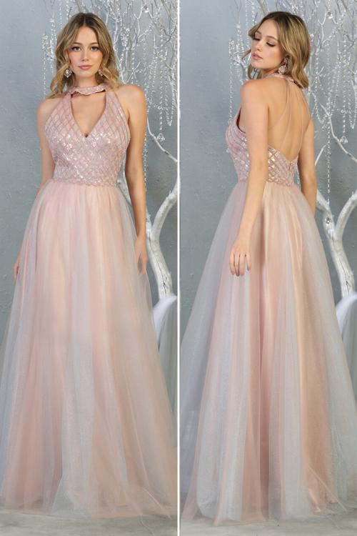 Chic A-line Halter&V-neck Beading Sequins Floor-length Long Tulle Prom Dress