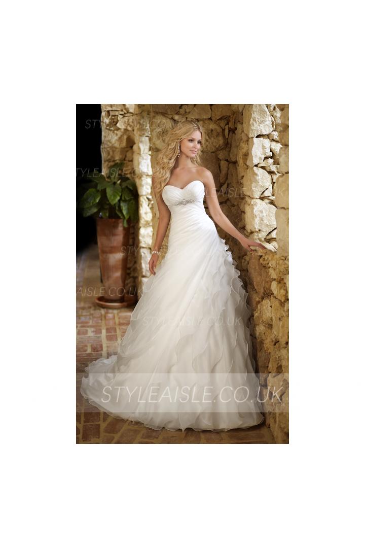 Charming A-line Sweetheart Beading&Sequins Cascading Ruffles Ruching Sweep/Brush Train Organza Wedding Dresses