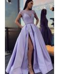  A-line Scoop Neckline Short Sleeves Beading Pockets Split Floor-length Long Satin Prom Dresses