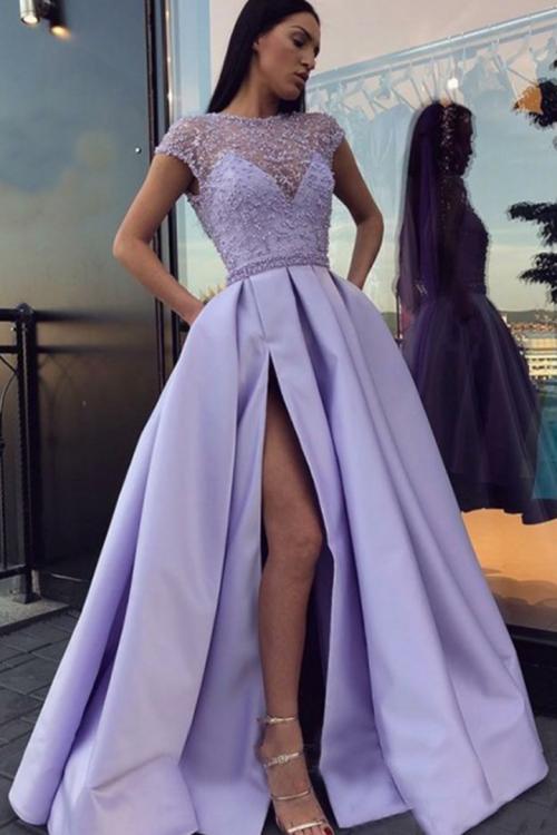  A-line Scoop Neckline Short Sleeves Beading Pockets Split Floor-length Long Satin Prom Dresses