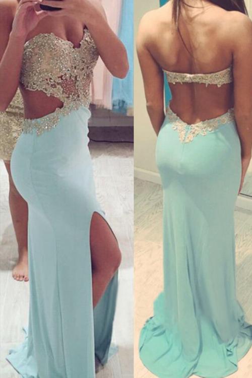 Sexy Sweetheart Sleeveless Beading Lace Split Sweep Train Long Chiffon Prom Dresses