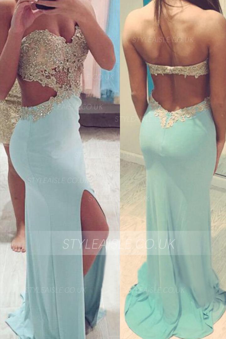 Sexy Sweetheart Sleeveless Beading Lace Split Sweep Train Long Chiffon Prom Dresses