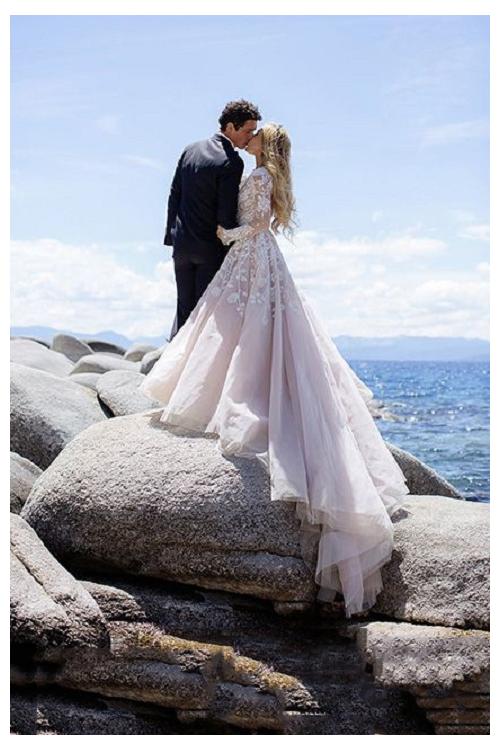 Pale Pink Color Long Sleeves Floral Lace overlay Tulle Beach Wedding Dress 