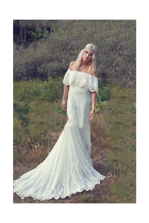 Casual Off Shoulder Boho Lace Ivory Rustic Wedding Dress 