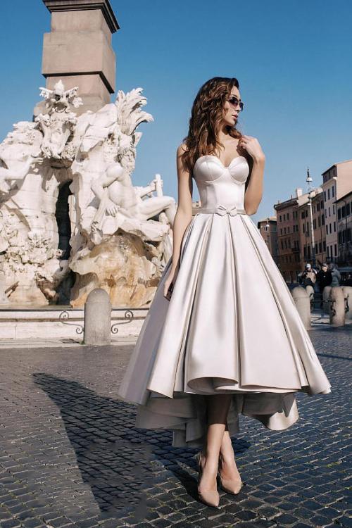 Modern Strapless Tea Length Satin Short Wedding Dress