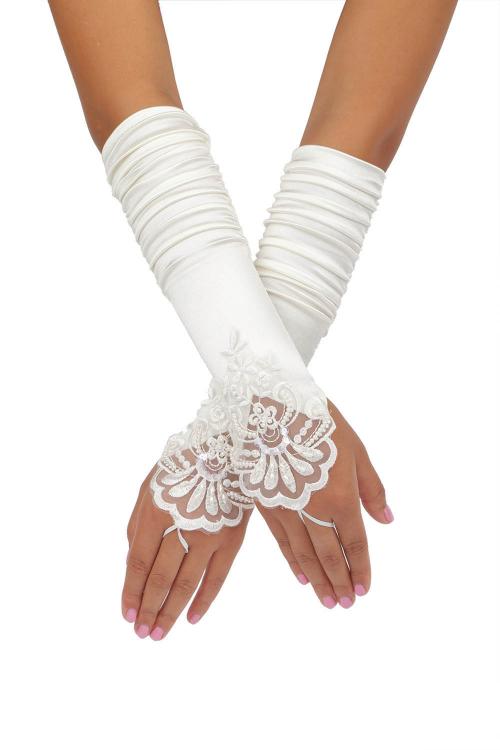 Long Ivory Fold Embroidered Wedding Gloves With Sequins and Pearls 8BL