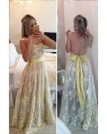 V-neck Lace Pearl Decoration Floor-length Long Tulle Prom Dress with Buttons Back