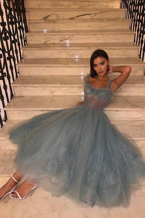 Fog Blue Spaghetti Straps Sweetheart Sleeveless Lace Ankle length Long Tulle Prom Dress