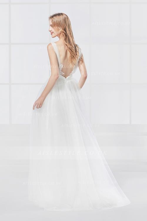 Empire A-line Spaghetti Straps Long Ivory Tulle Beach Wedding Dress