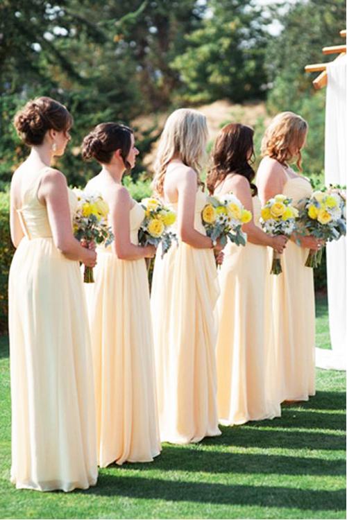 Pretty One Shoulder Sleeveless A-line Daffodil Long Chiffon Bridesmaid Dress