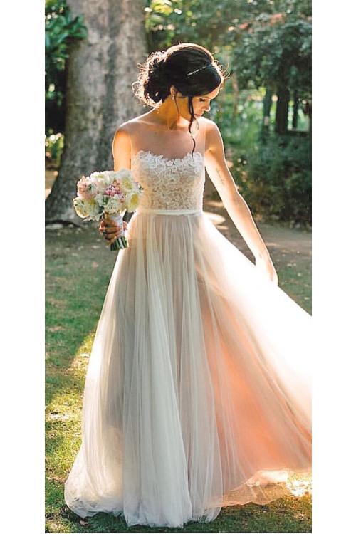 Illusion Back Lace Top Long Tulle Rustic Wedding Dress with Ribbon 