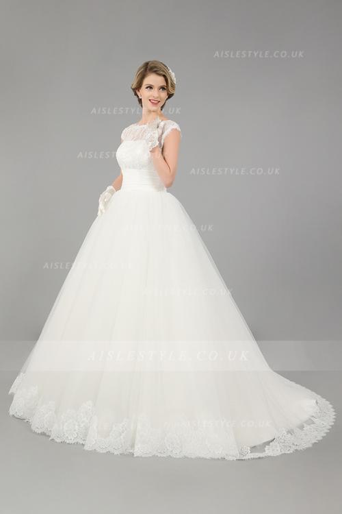 Ball Gown Cap Sleeves Lace Top Ivory Tulle Wedding Dress