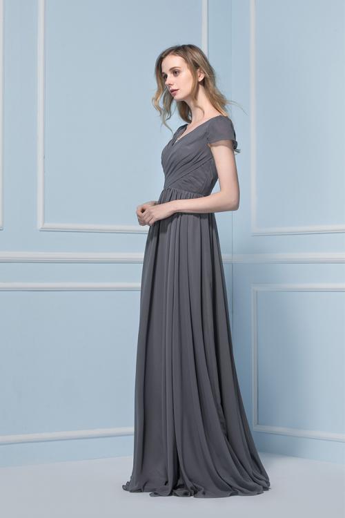 Beautiful Short Sleeved Long Grey Chiffon Bridesmaid Dress 