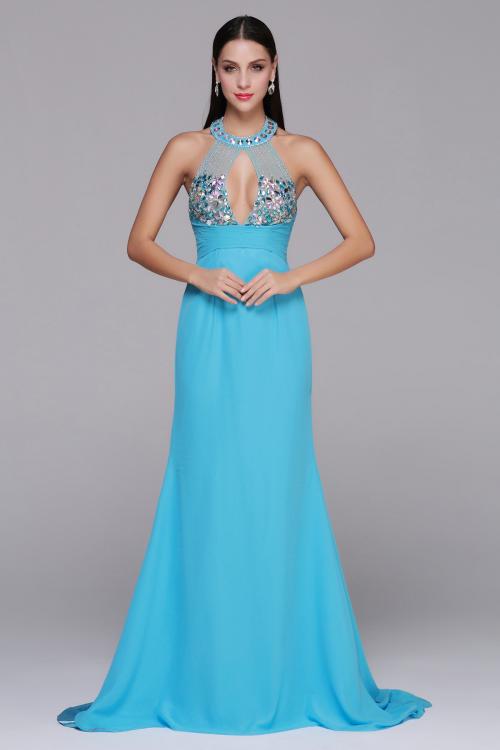 One Sleeveless Halter Neck Long Sheath Blue Chiffon Prom Dress 