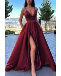  A-line V-neck Sleeveless Split Floor-length Long Satin Prom Dress