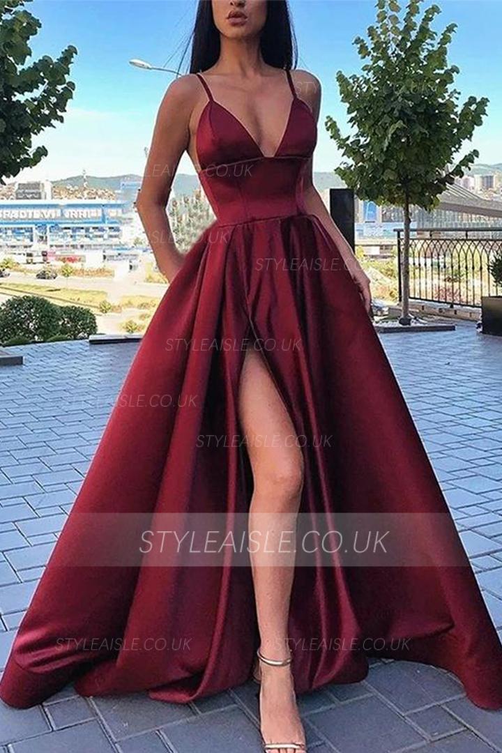  A-line V-neck Sleeveless Split Floor-length Long Satin Prom Dress