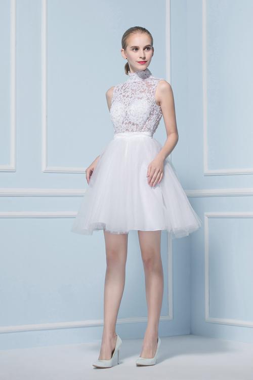 Sexy A-line High Neck Sleeveless Lace Short Wedding Dresses