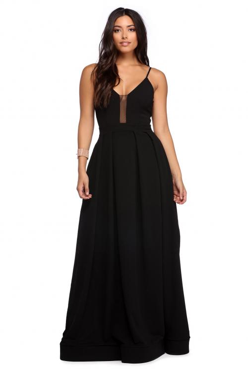 Black Simple Spaghetti Straps Long A-line Satin Chiffon Prom Dress